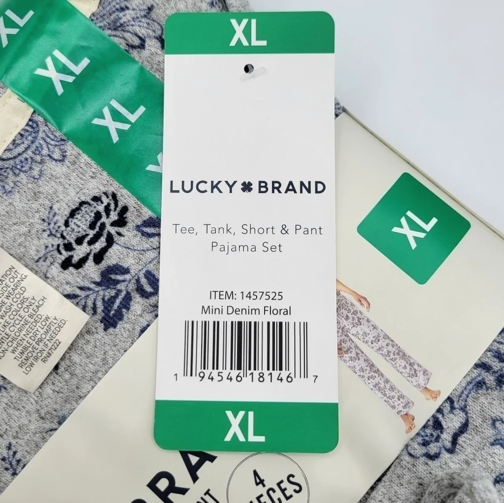 Lucky Brand Floral Tee Tank Shorts Pants Pajama 4 Piece Set Blue Grey XL